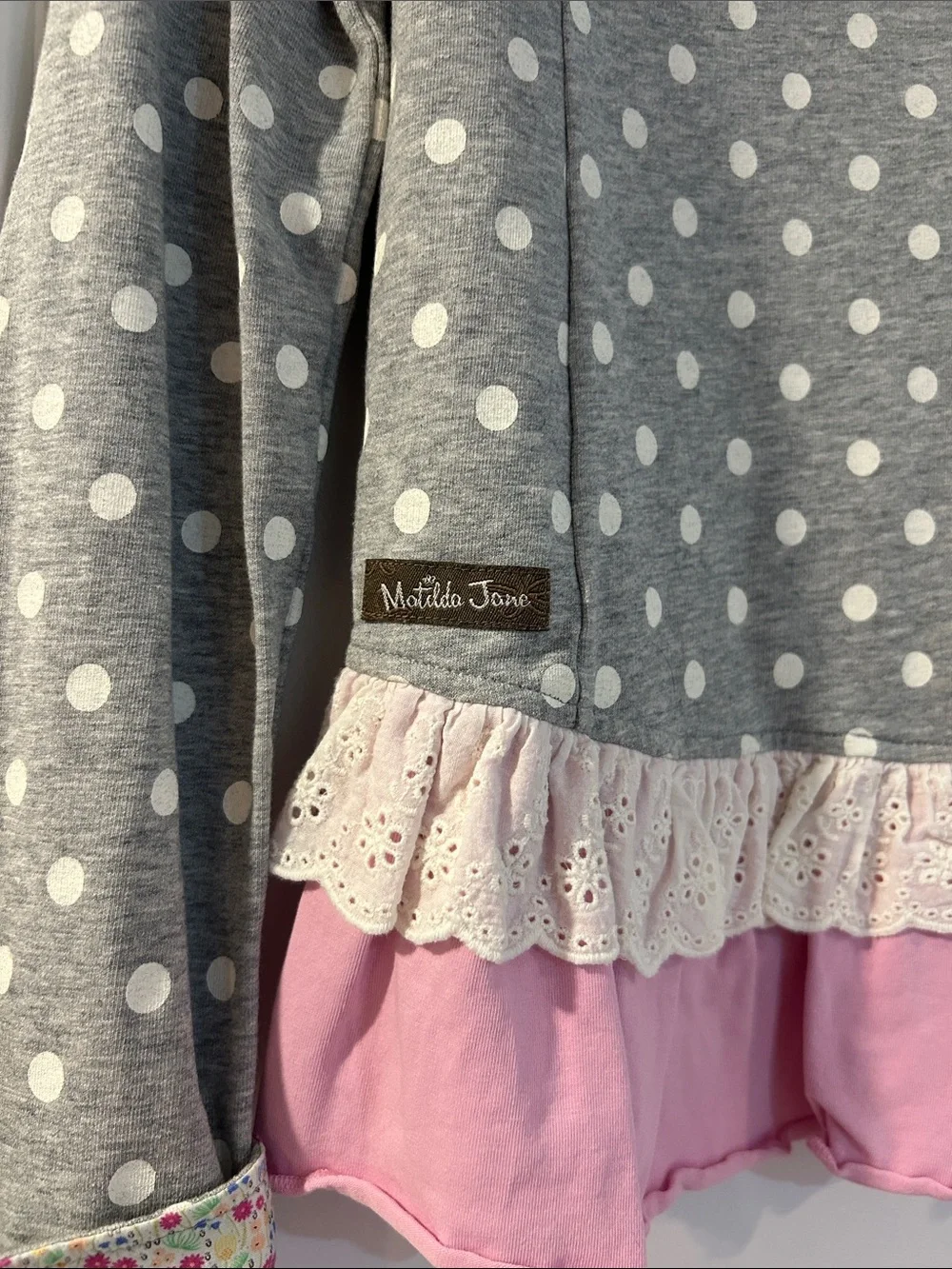 Girls' Matilda Jane Grey Polka Dot Ruffle Jacket with Pink Trim